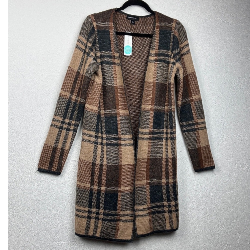 Fortune + Ivy Brown Plaid Cardigan - M - Open Front Sweater Academia Layering